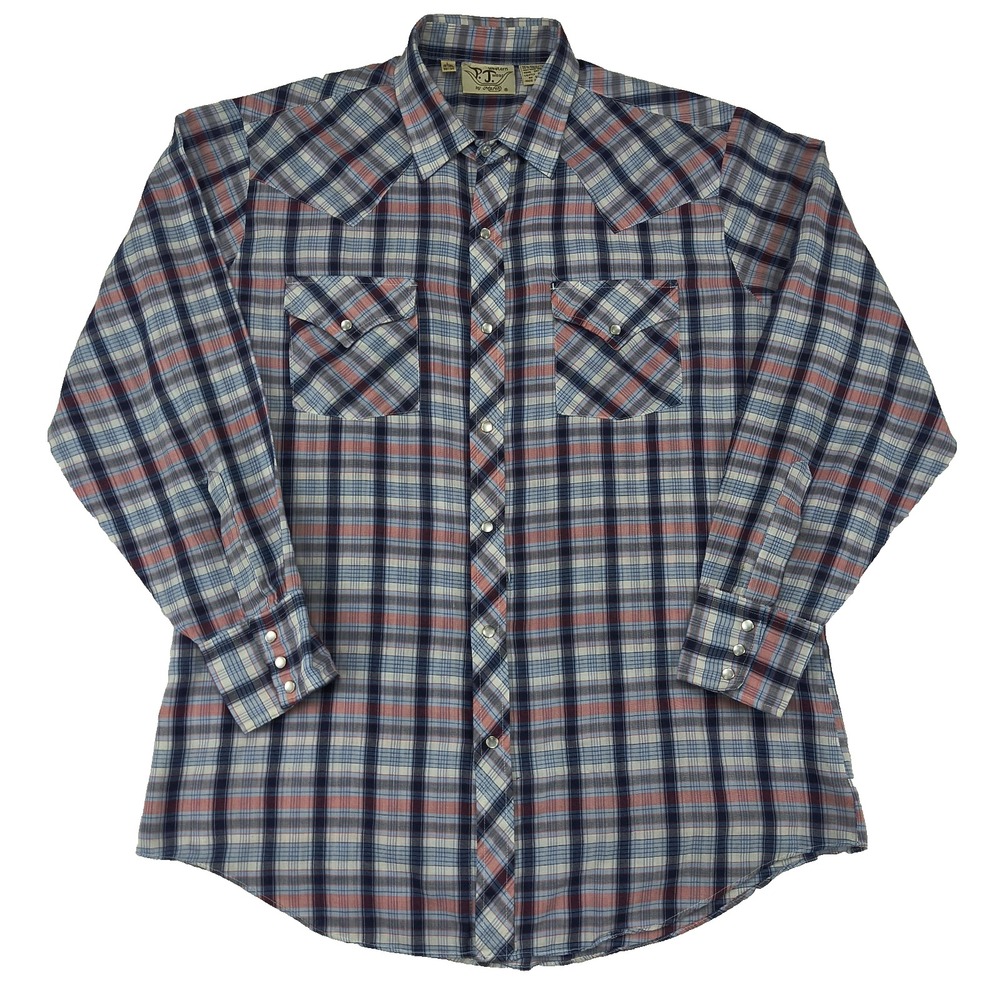 P.J. Western Wear Mens Large Pearl Snap Plaid Long Sleeve Shirt Blue Red Korea